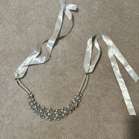 Pearl & crystal rhinestone necklace w/ adjustable / replaceable ribbon wedding - Picture 2 of 7